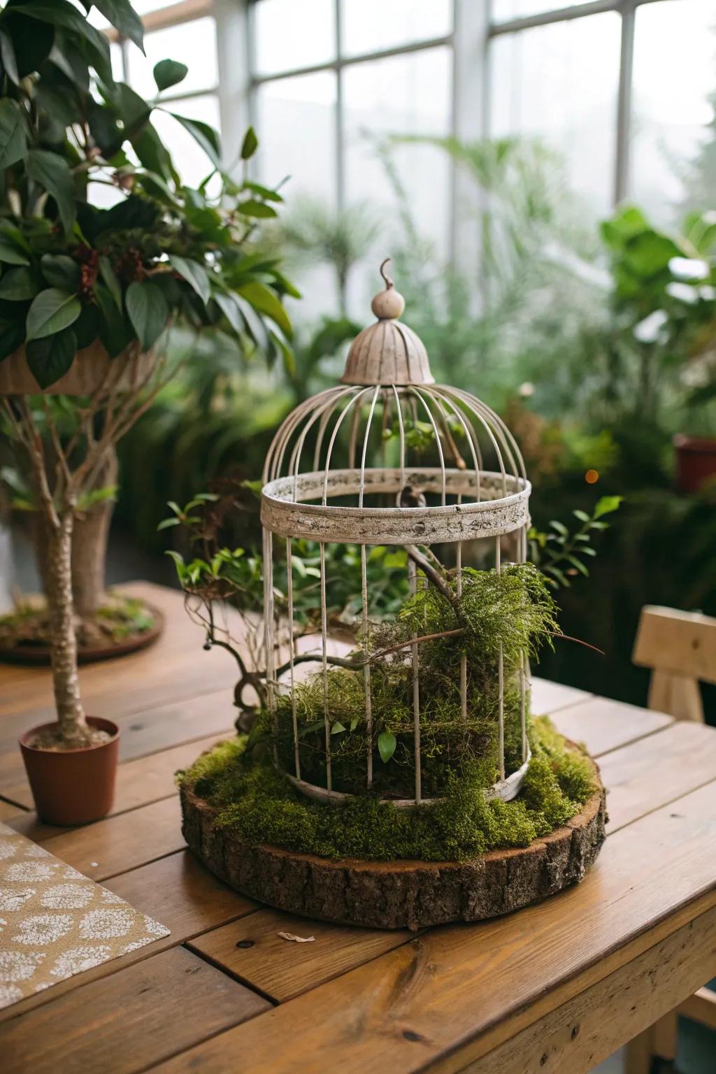 A cage centerpiece enriched with elements of nature to impart an organic sensation.
