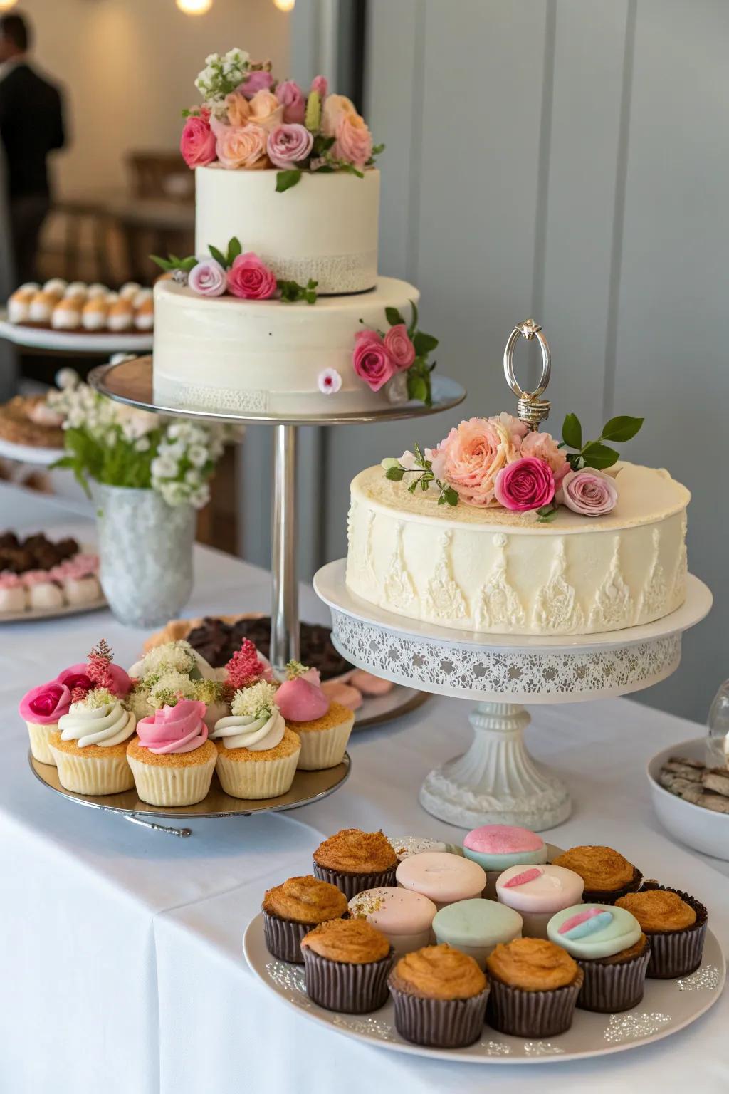 An artistic dessert display featuring diverse sweets showcased beautifully on a well-decorated table.