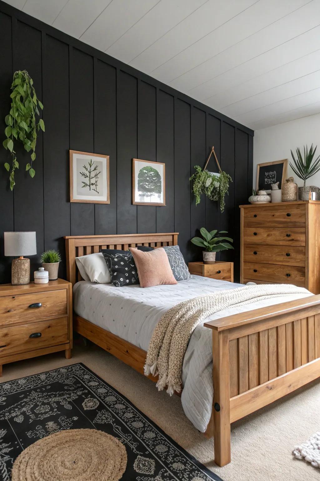 An harmonious combination of wood and black within a restful bedroom setting.
