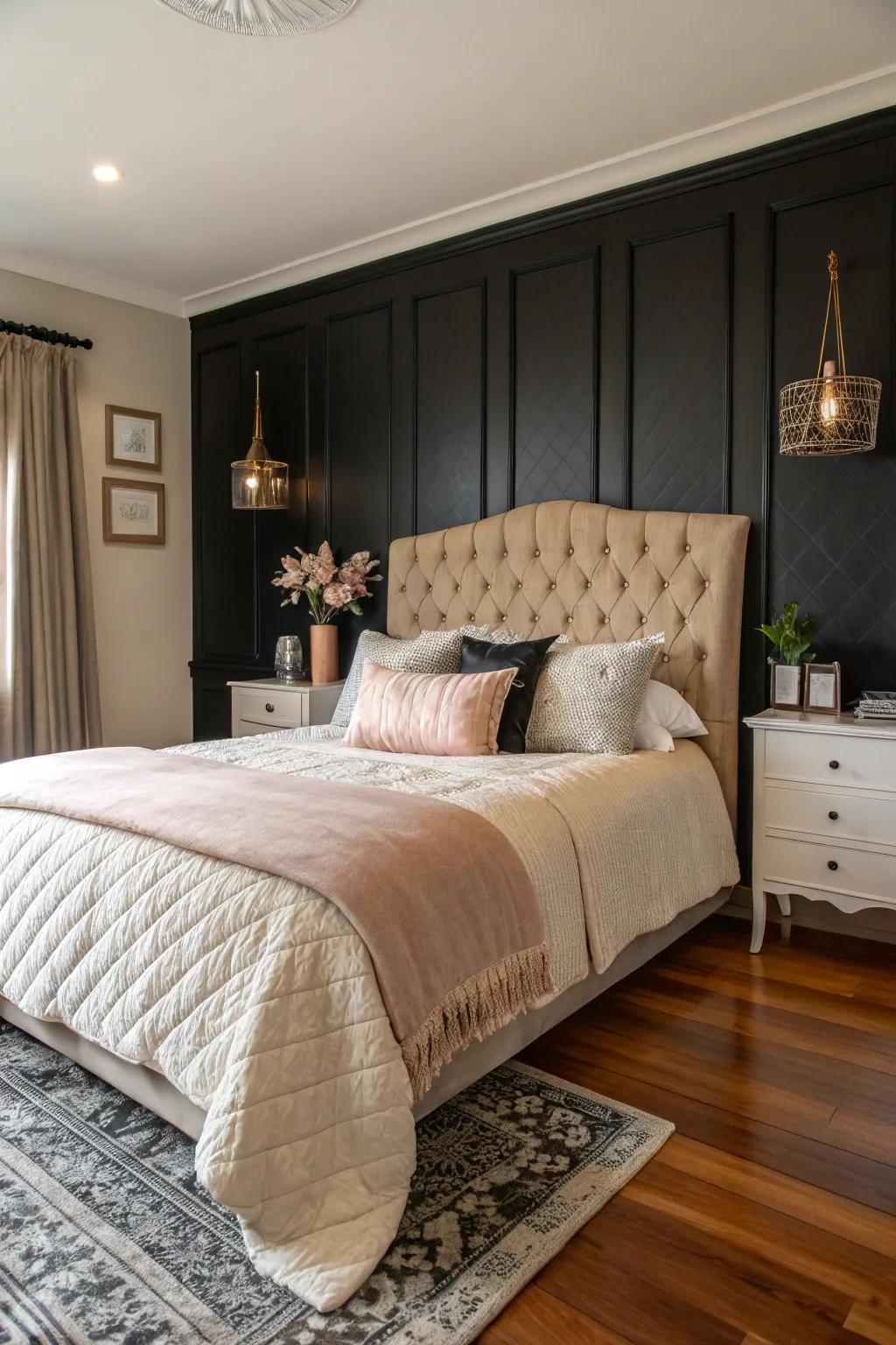 A cozy bedroom features a black accent wall that accentuates the elegant headboard and soft bedding.