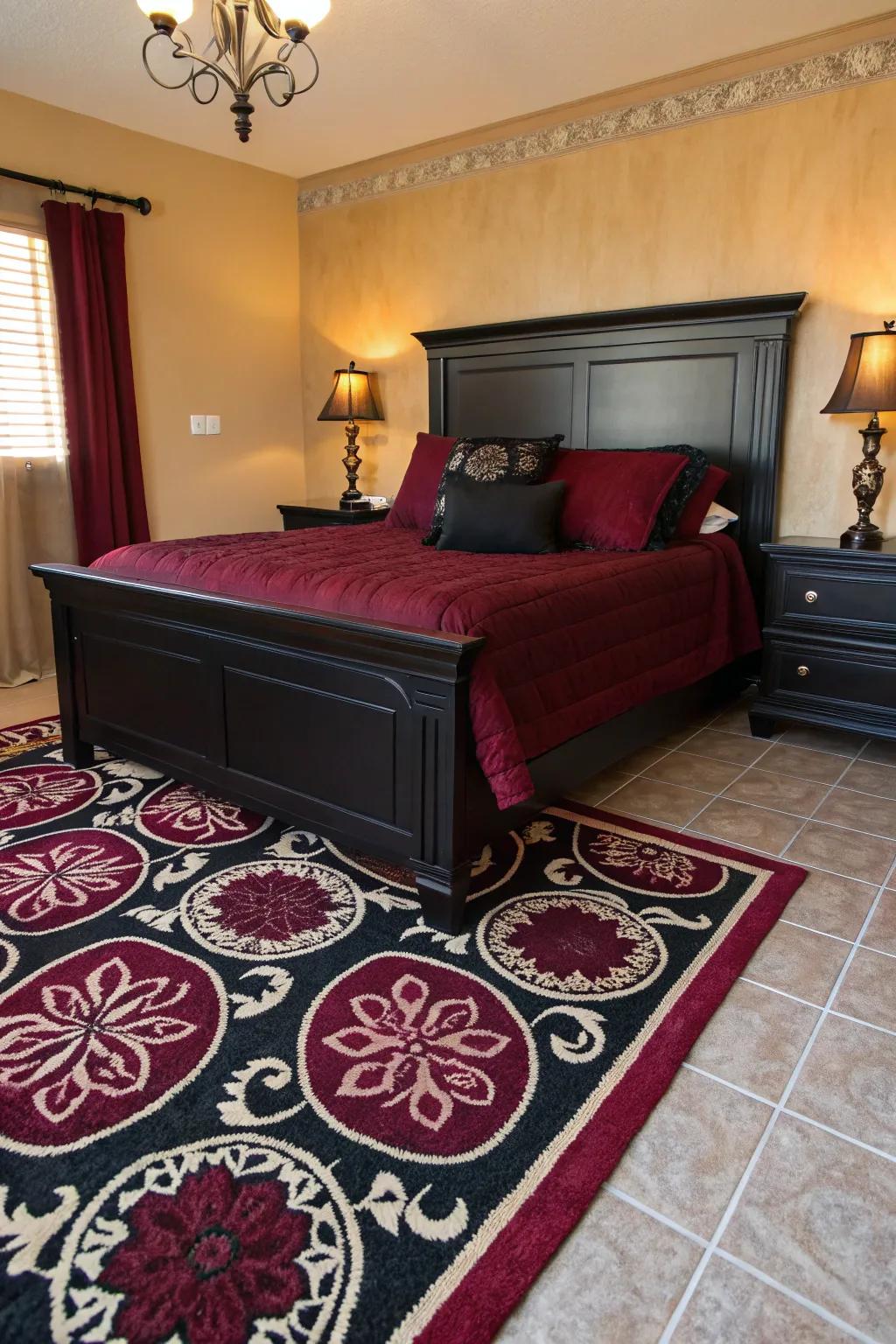 A textured floor covering in black and burgundy heightens visual intrigue and brings the room together.