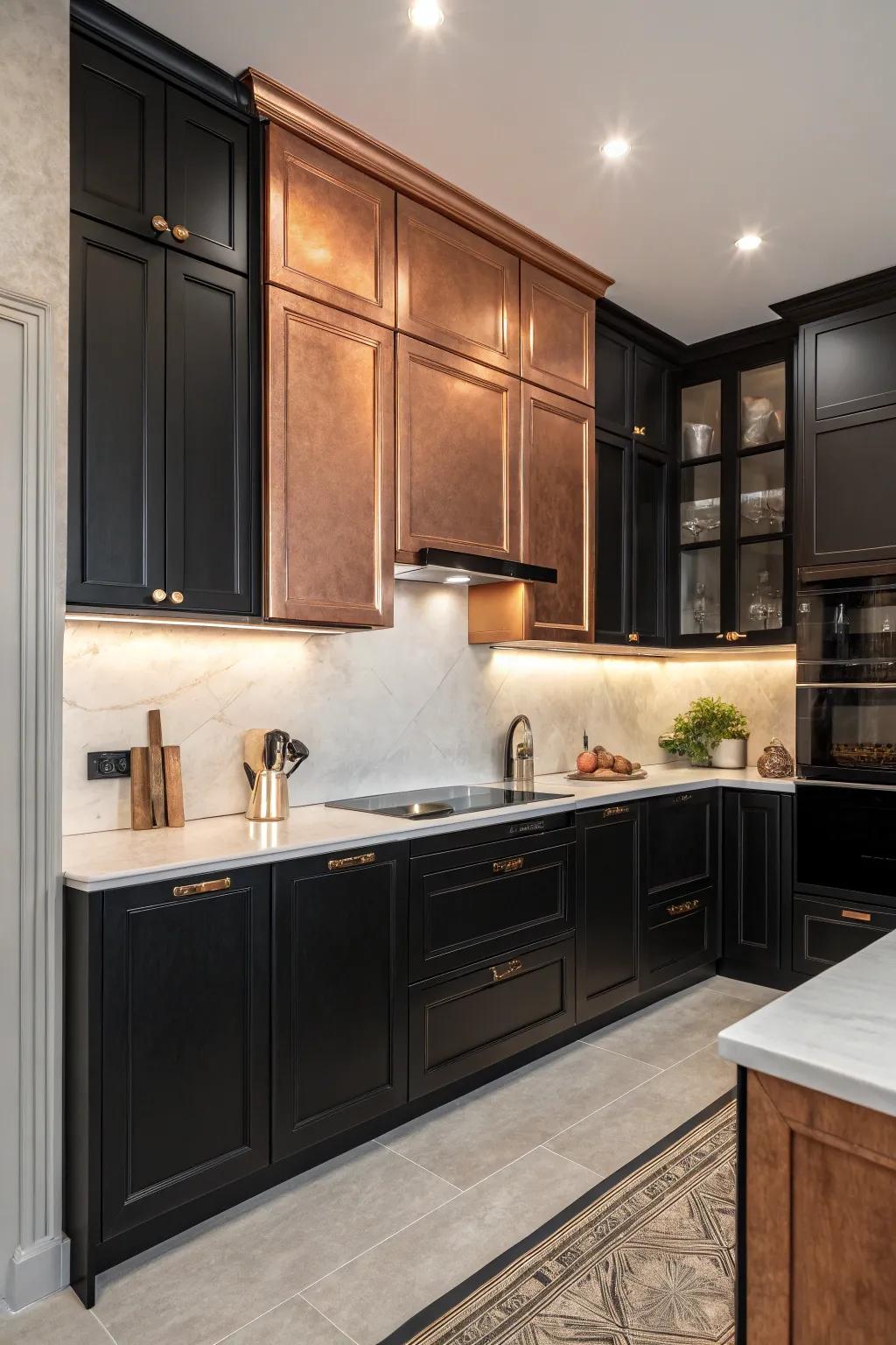 Achieving a dynamic kitchen design by integrating black and copper cabinets.