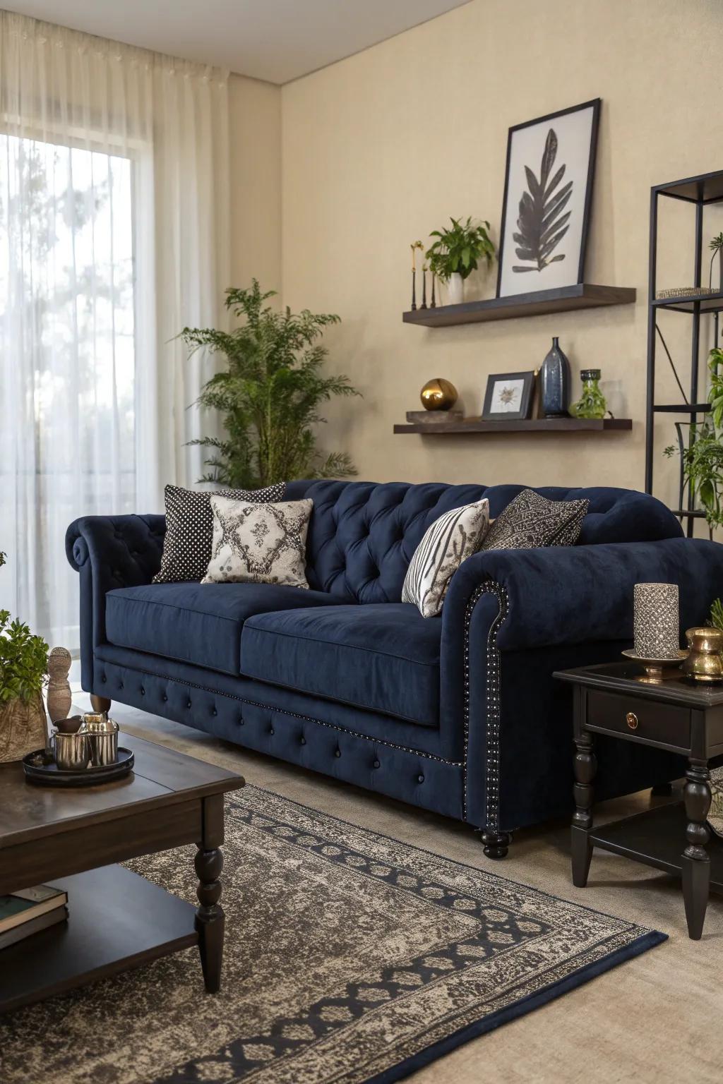 A plush dark cyan sofa acts as a luxurious focal point.