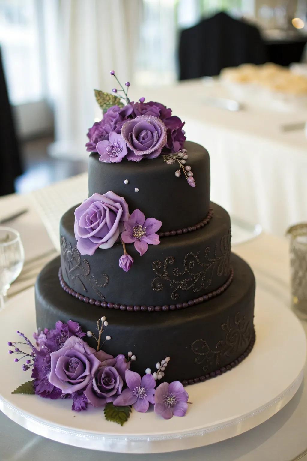 A dramatic wedding cake featuring dark fondant and violet floral highlights.