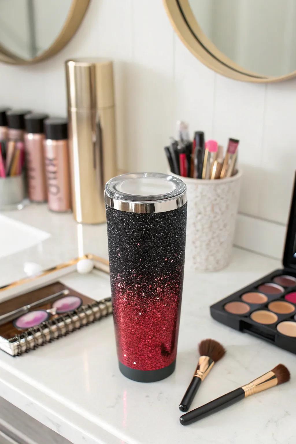 A glimmering crimson and onyx tumbler radiating elegance.