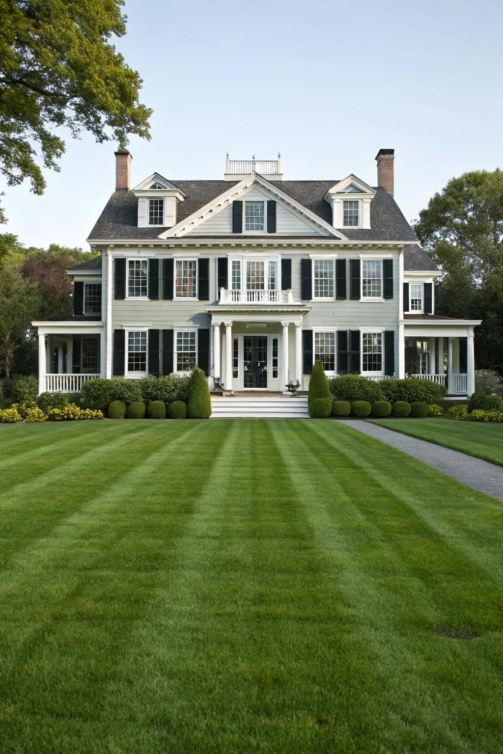 A Colonial-inspired home with symmetrical black and white detailing.