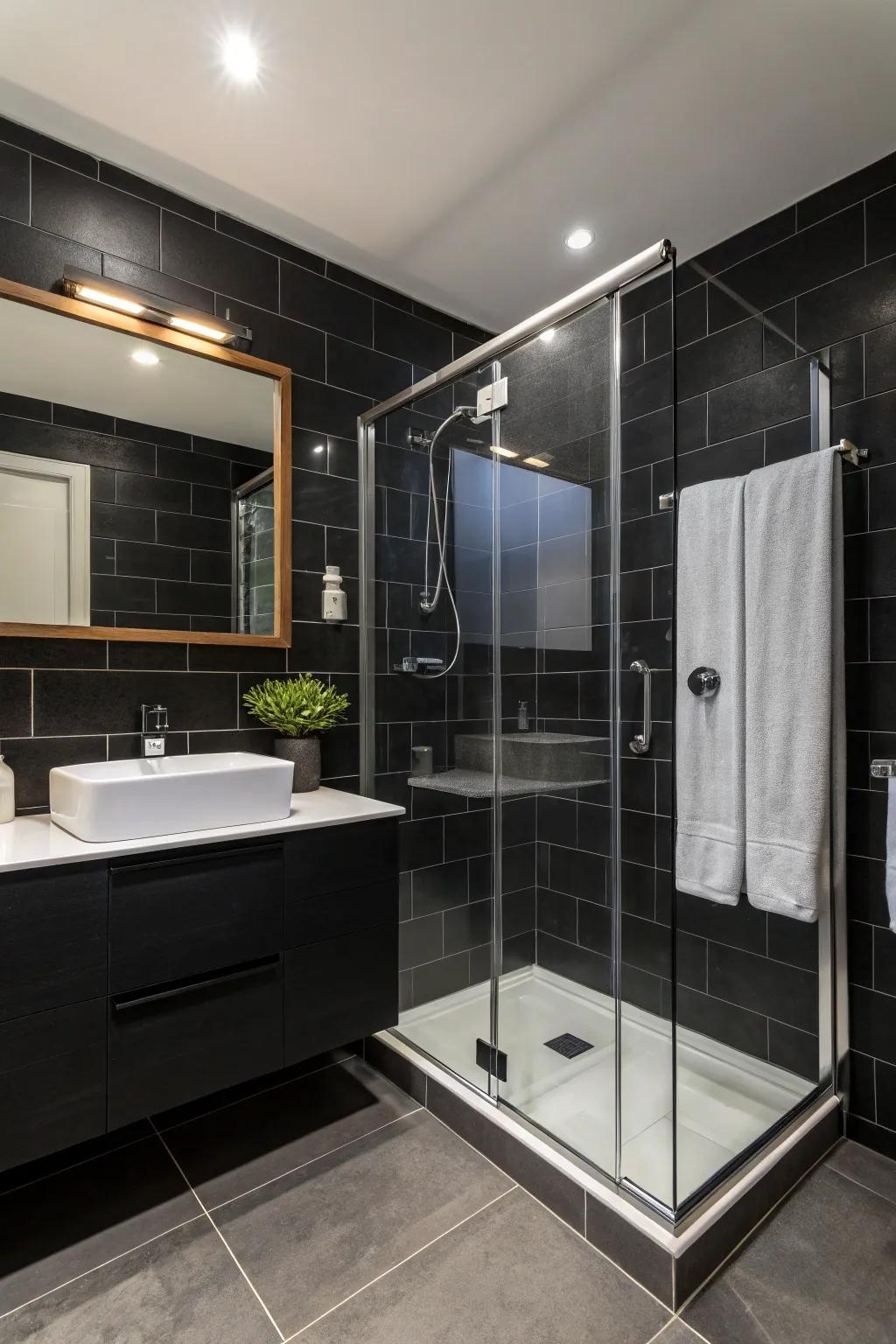 Clear elements contribute a modern twist to ebony bathroom designs.