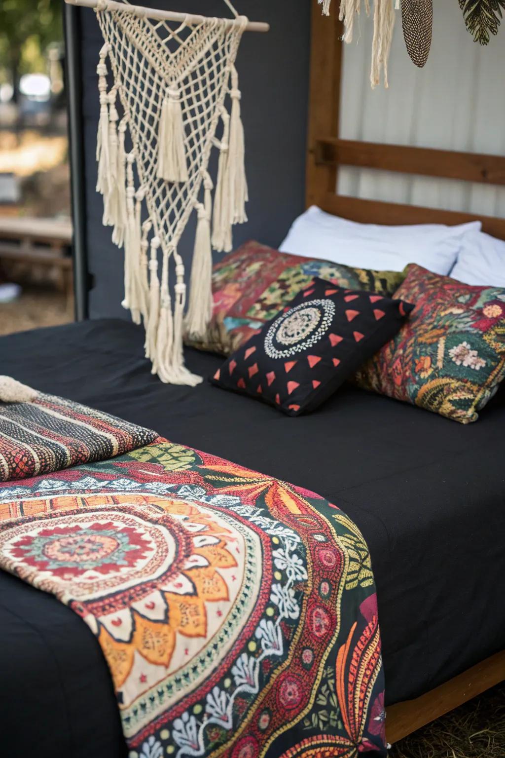 Embracing a bohemian vibe with black bedding.