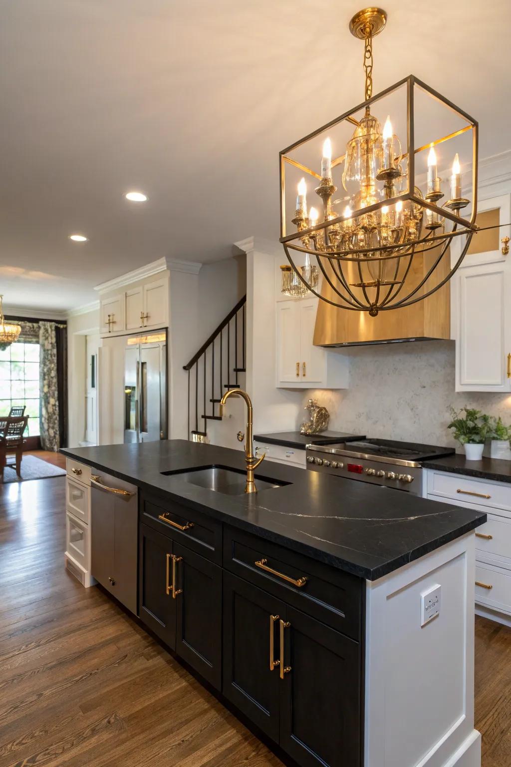 Metallic elements introducing a hint of glamour to dark-toned countertops.