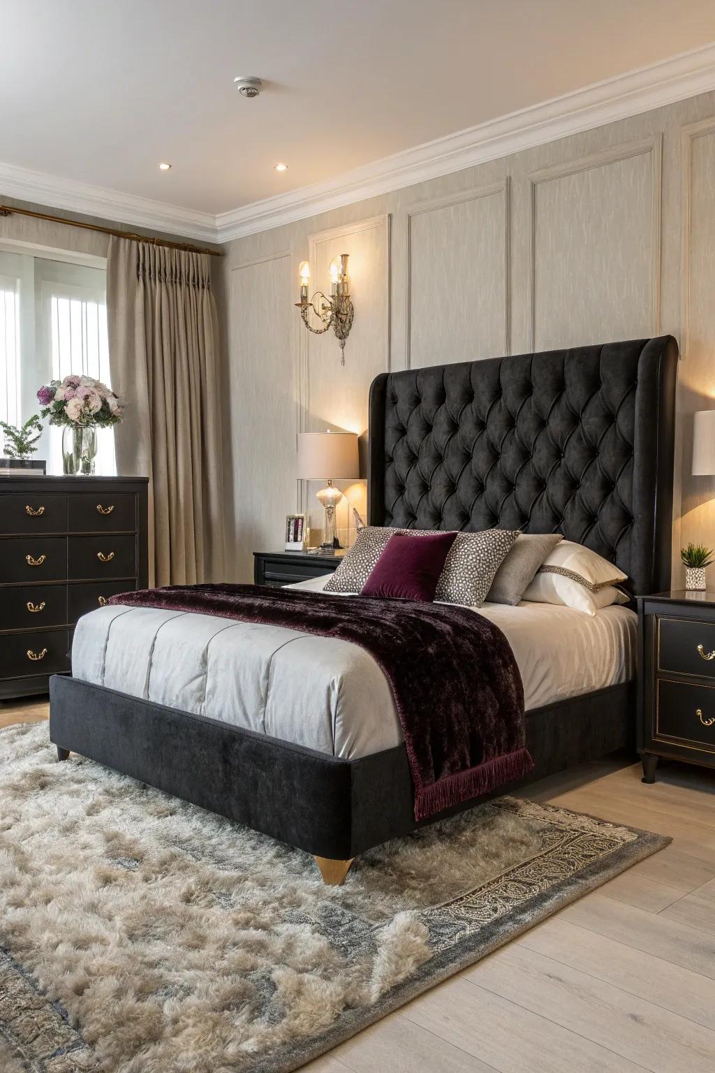 Stylish bedroom featuring a tufted dark headboard