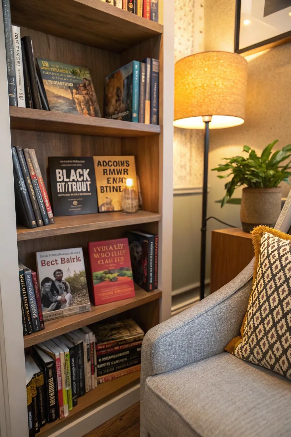 A shelf dedicated to Black empowerment reading material.