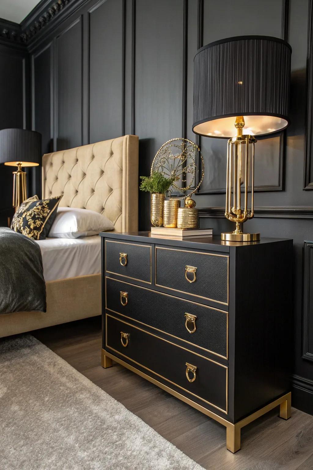 Metallic embellishments append an accent of elegance to an obsidian bedroom.