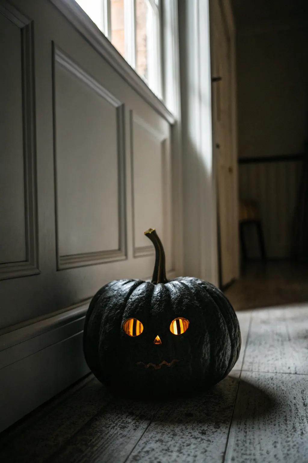 A black pumpkin with eerie glowing eyes, adding a mysterious vibe to the décor.