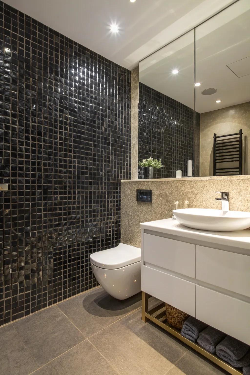 An accent wall using dark decorative boards adding texture and visual interest.