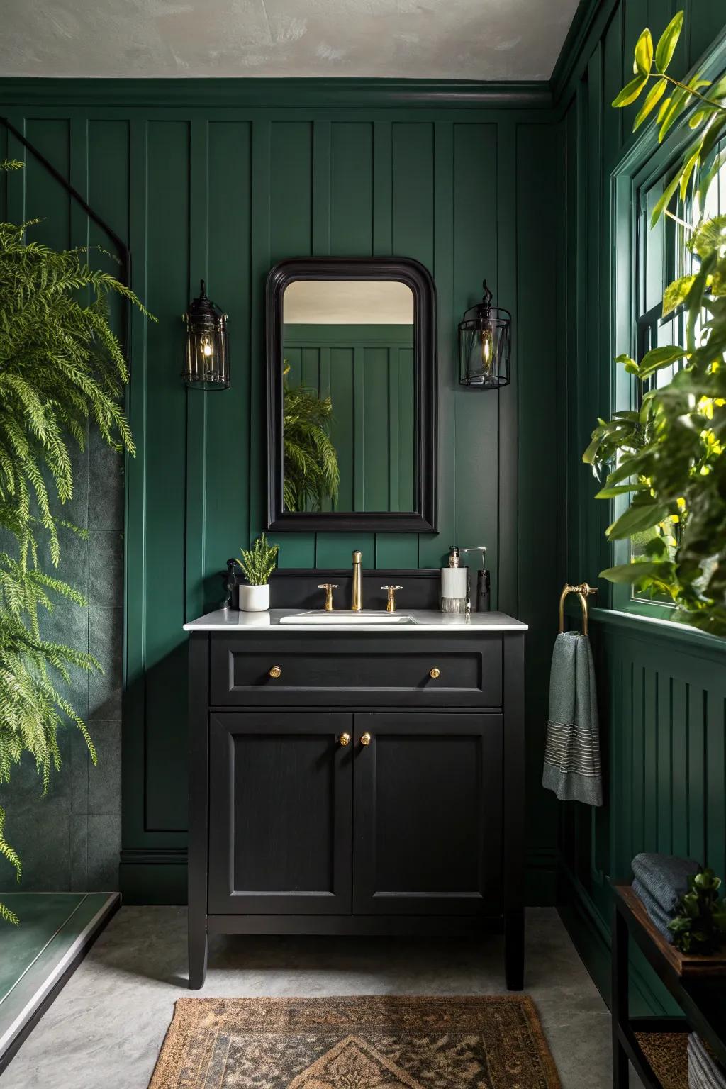 Intense forest shade walls paired with dark sink consoles evoke a sense of serenity and sophistication.