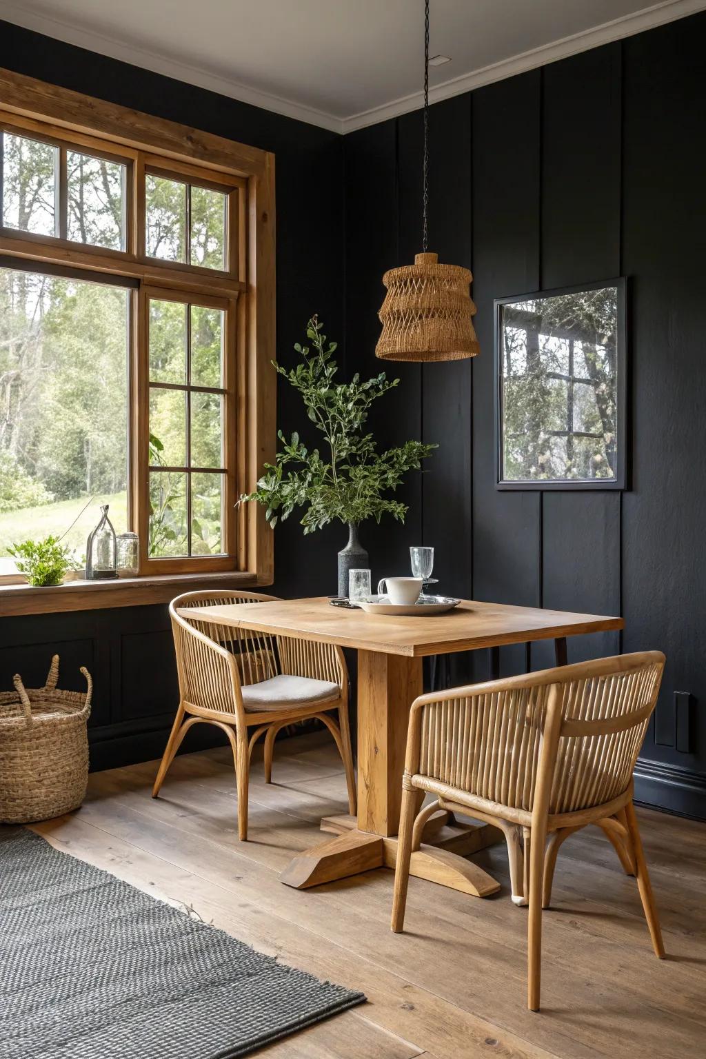 Organic timber furnishings paired with a dark wall.