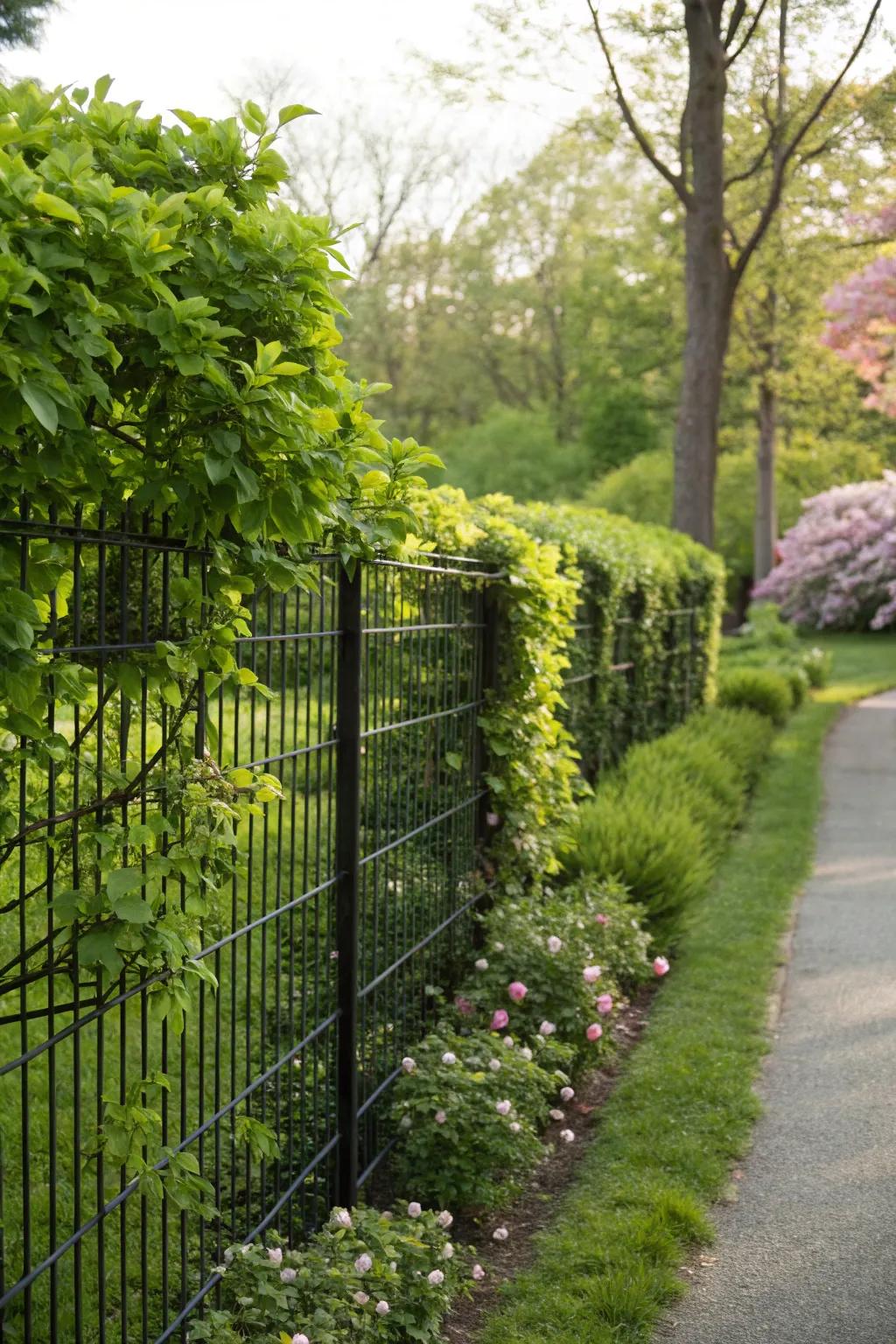 Retain privacy while enjoying the scenery with strategic plant placement alongside a dark wire fence.