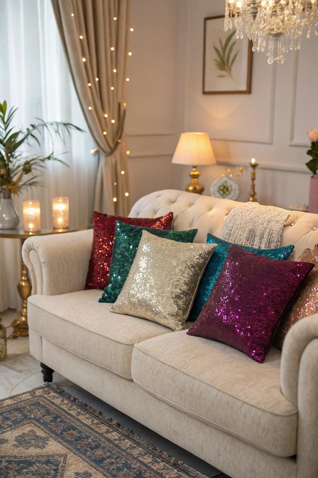 Sequin-covered pillows adding lavishness to the living room.