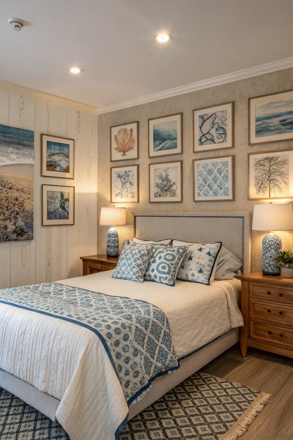 Art pieces in beige and azure give the space a personal feel.