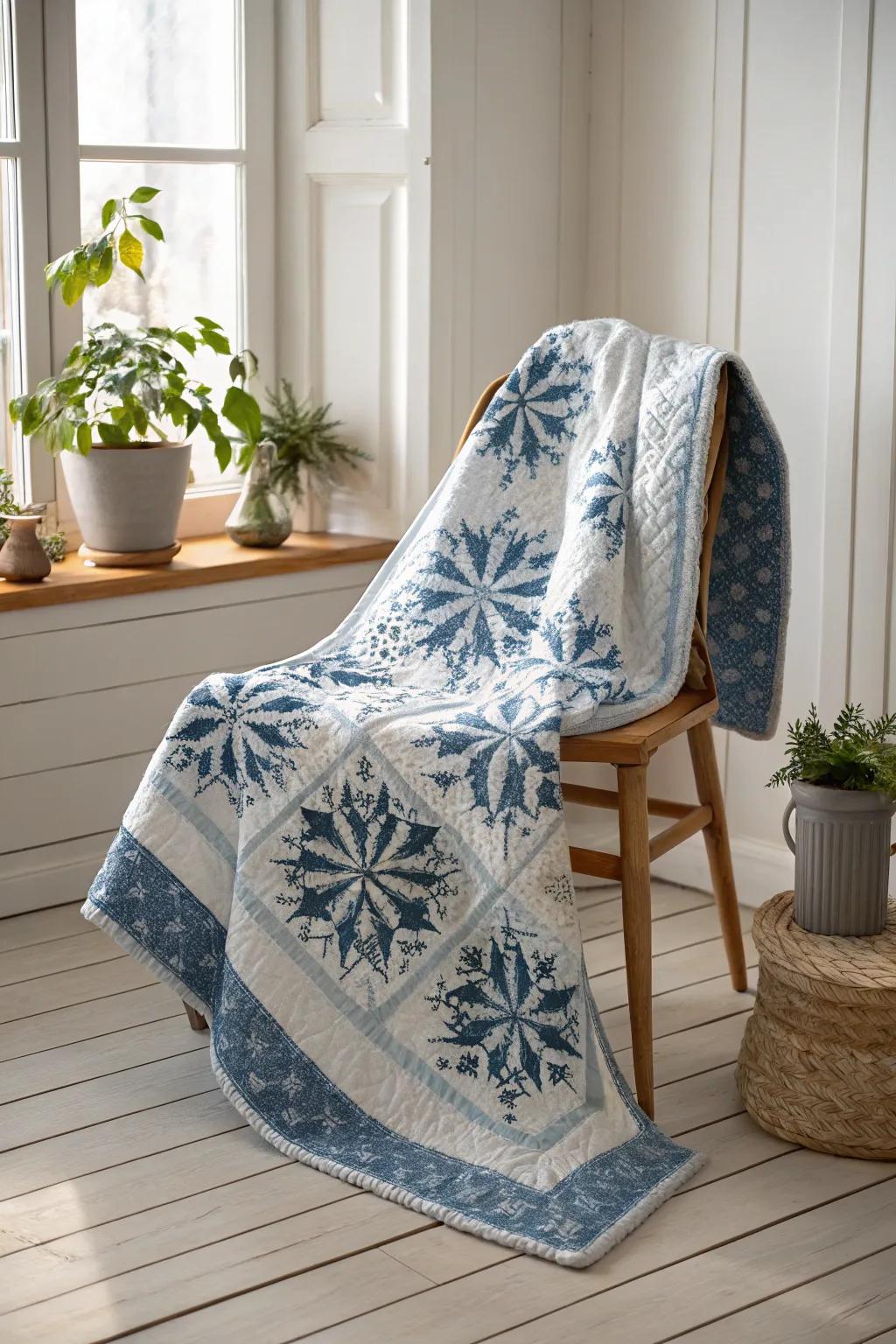 Envelop yourself in the beauty of winter with this breathtaking icy rosette quilt.