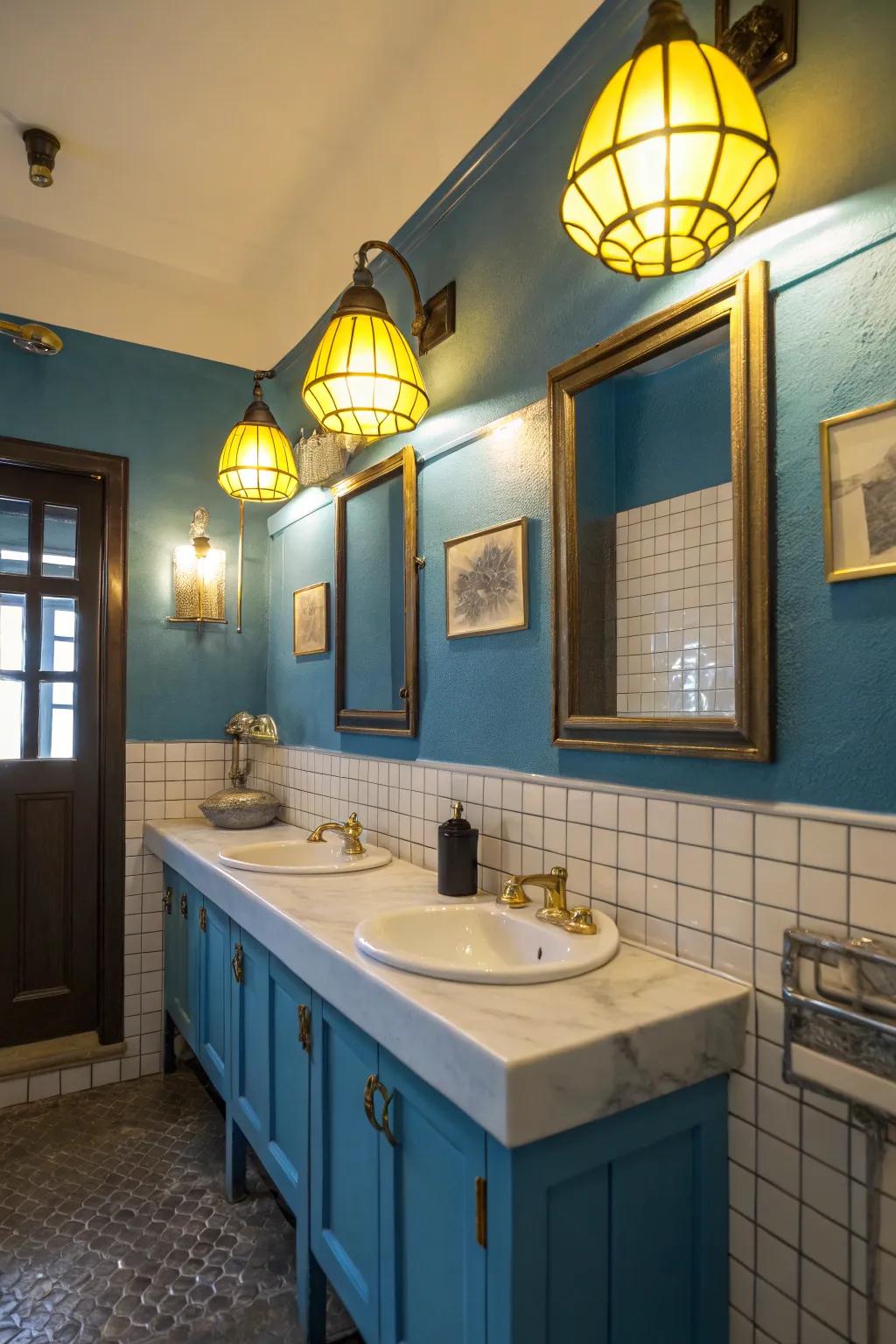Warm yellow lighting complements and enhances blue shades in the bathroom.
