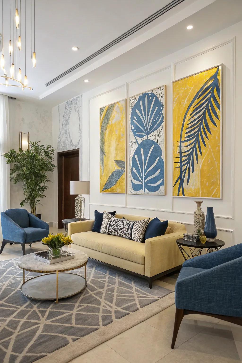 A living area enhanced by sea and lemon abstract artwork for a sophisticated flair.