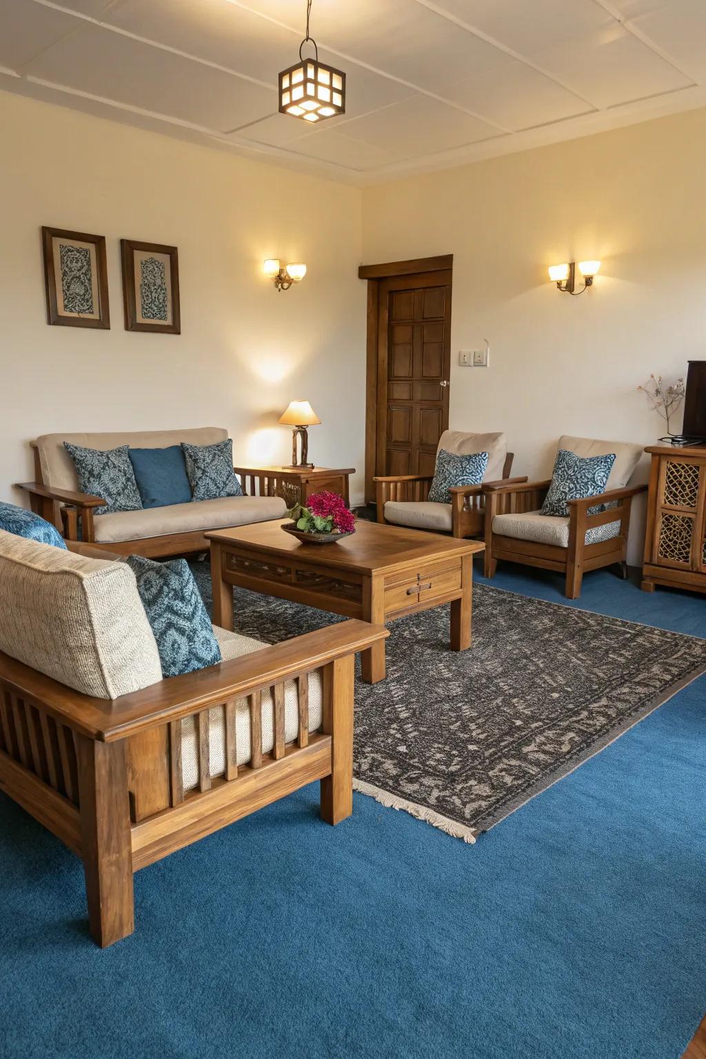 Wood details carry warmth and equilibrium to the cool shades of a blue carpet.