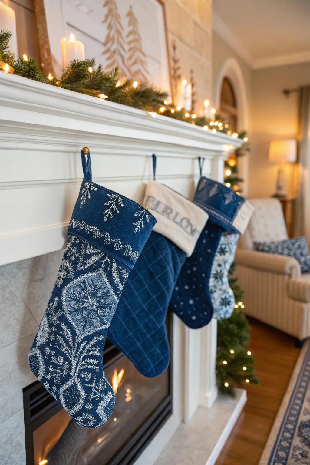 Luxurious hanging decorations of blue velvet near the hearth