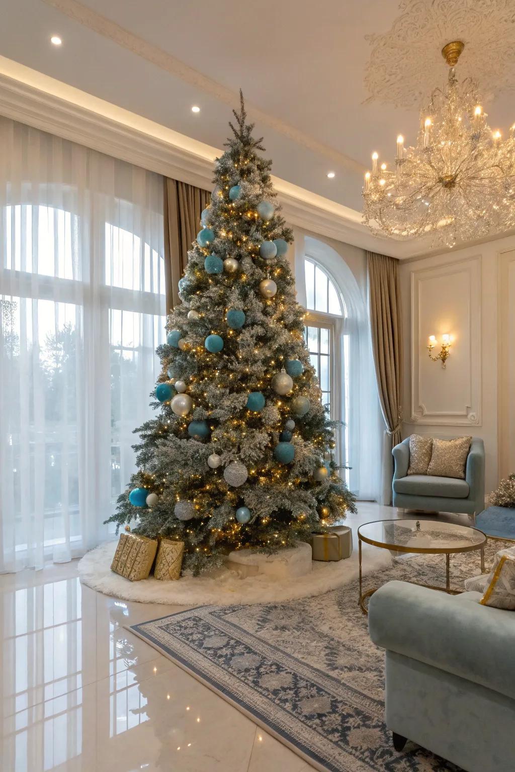 A luxurious blend of icy blue and gold on a Christmas tree.