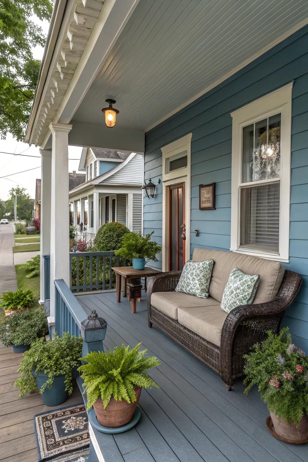 Inviting porch seating makes for a welcoming entrance.