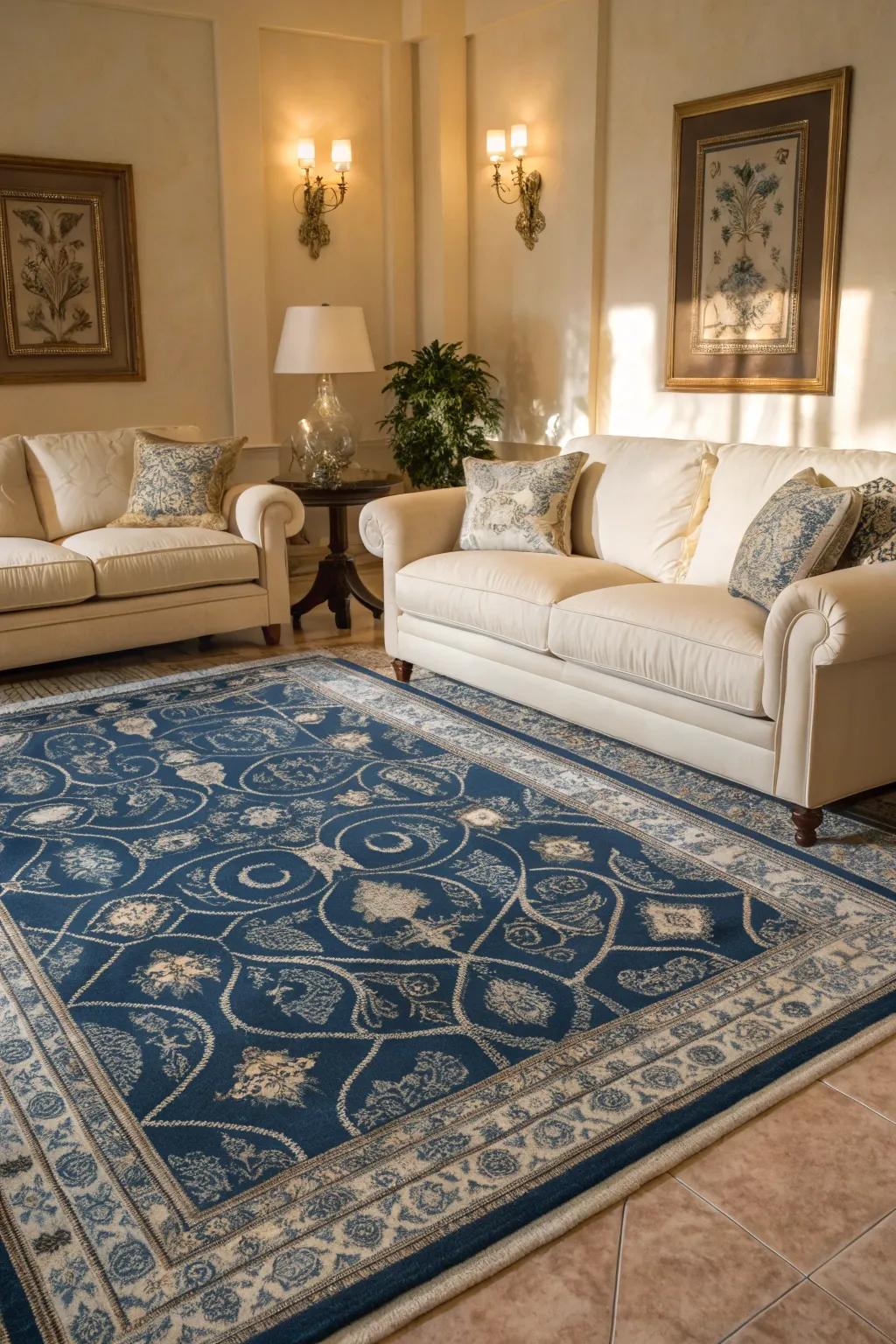 A patterned blue ground cover adds texture and elegance to this inviting living room environment.