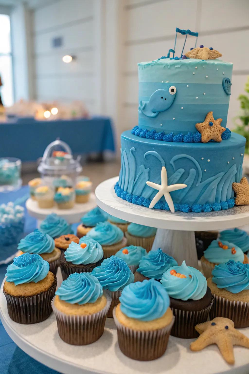 An oceanic-inspired treat station showcasing imaginative azure treats.
