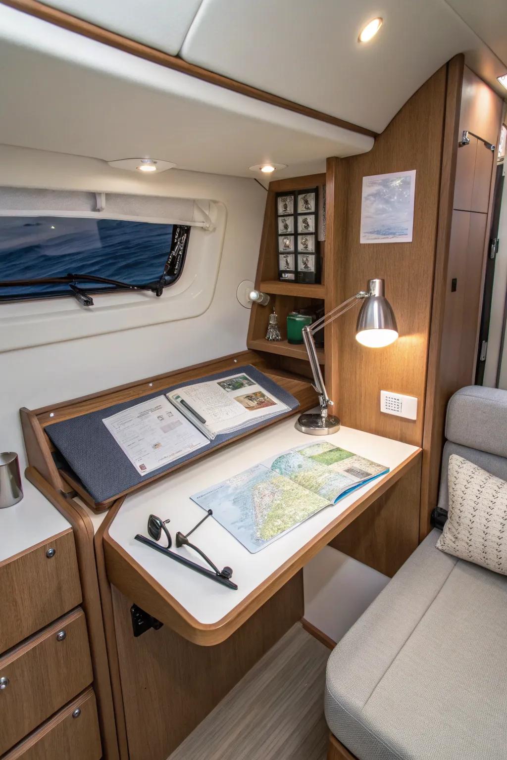 Wall-mounted desk setup in a small boat cabin.