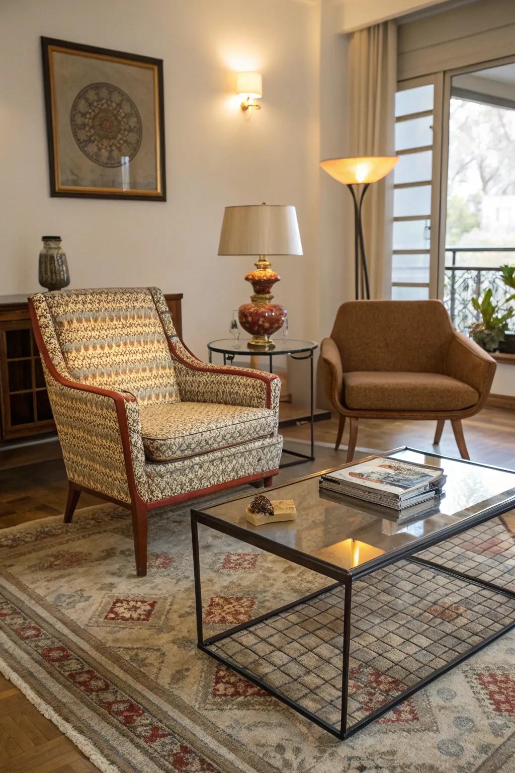 Eclectic furniture fashions a distinctive bohemian area.