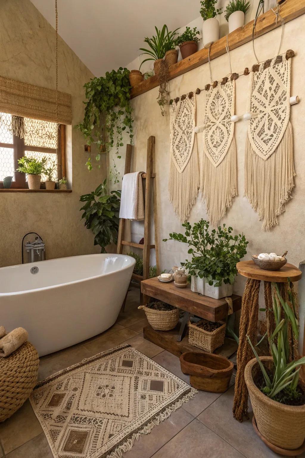 A boho bathroom adorned with detailed macramé crafted hangings.
