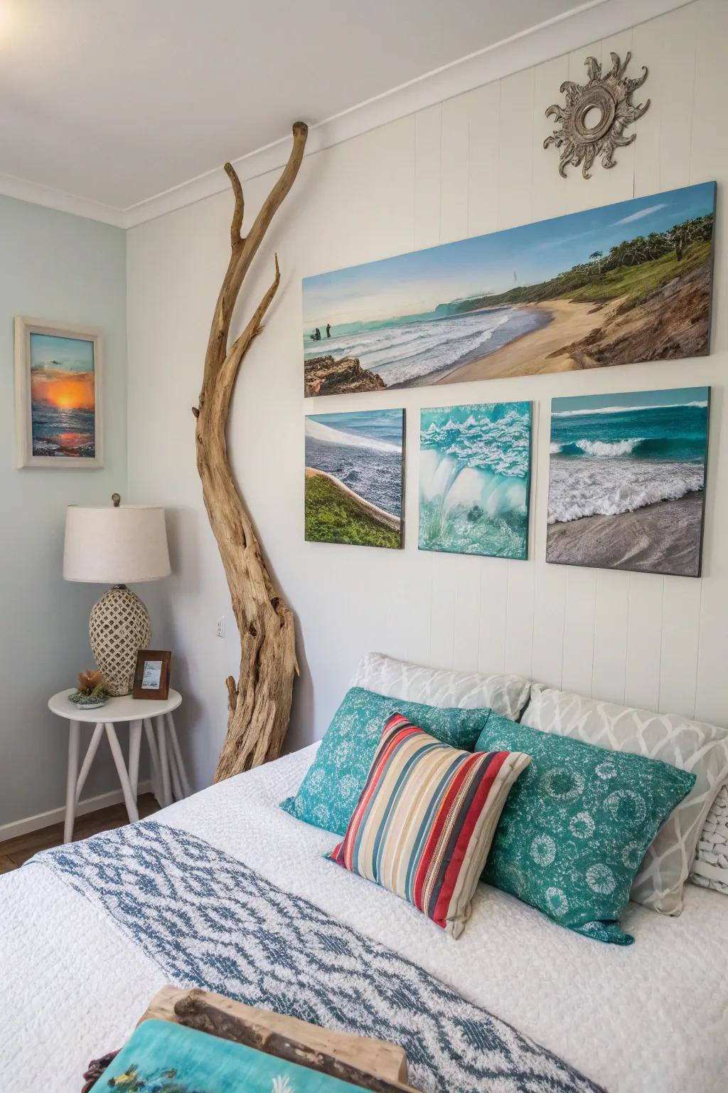 The spirit of the sea is brought inside with beach-themed artwork.