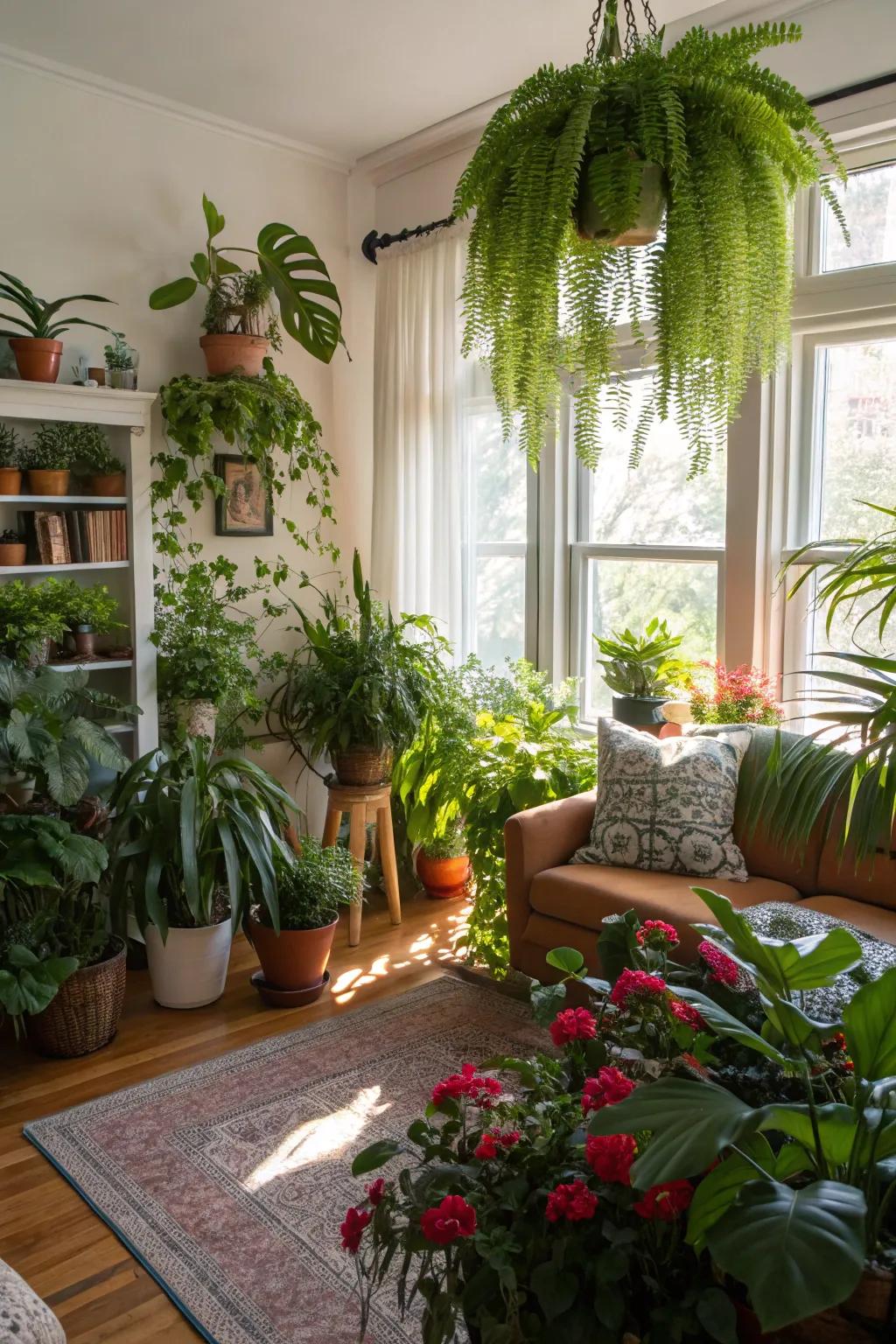 A rich bohemian living area overflowing with greenery.