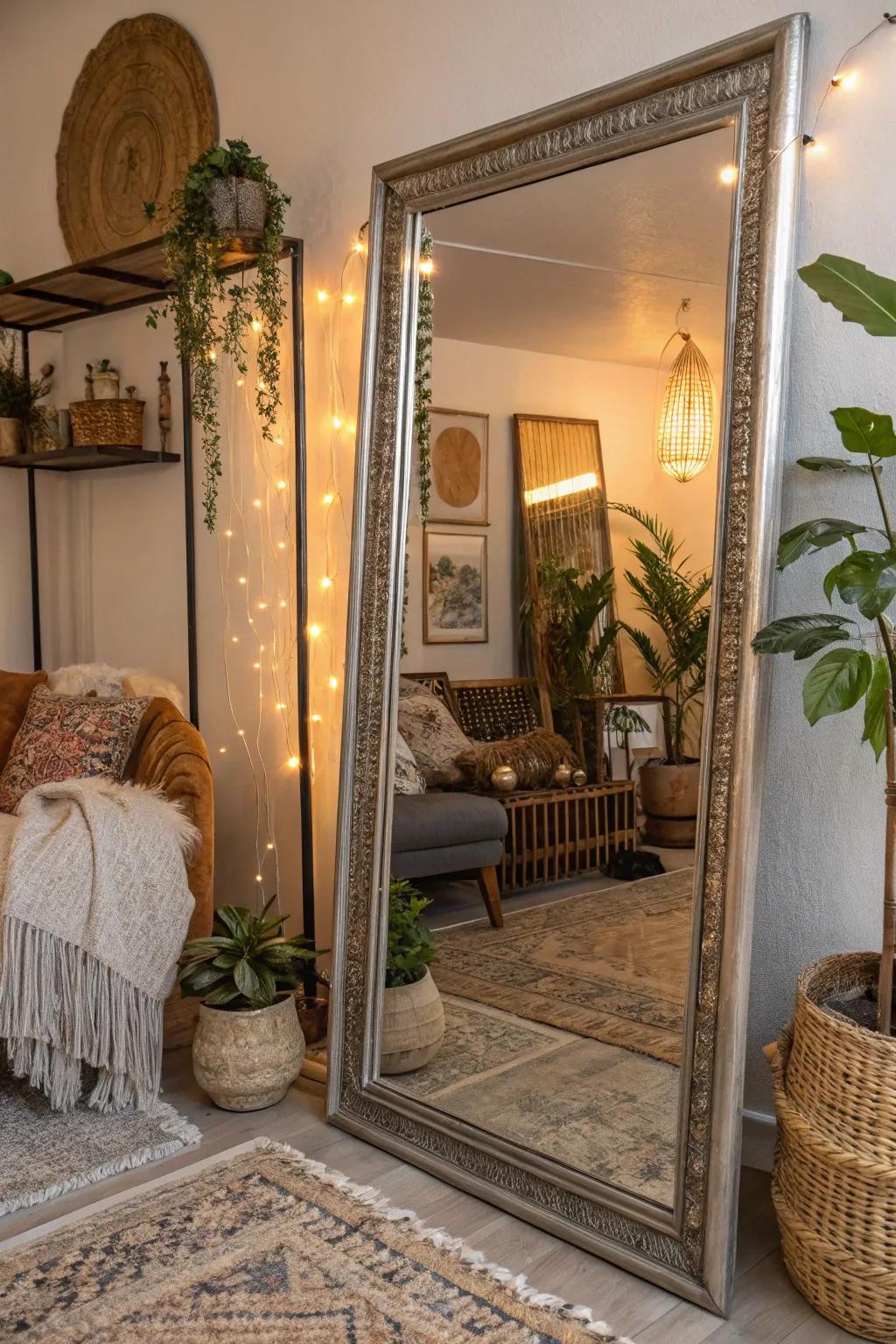 A focal point looking glass mirrors beauty and light, enhancing the boho glam vibe.