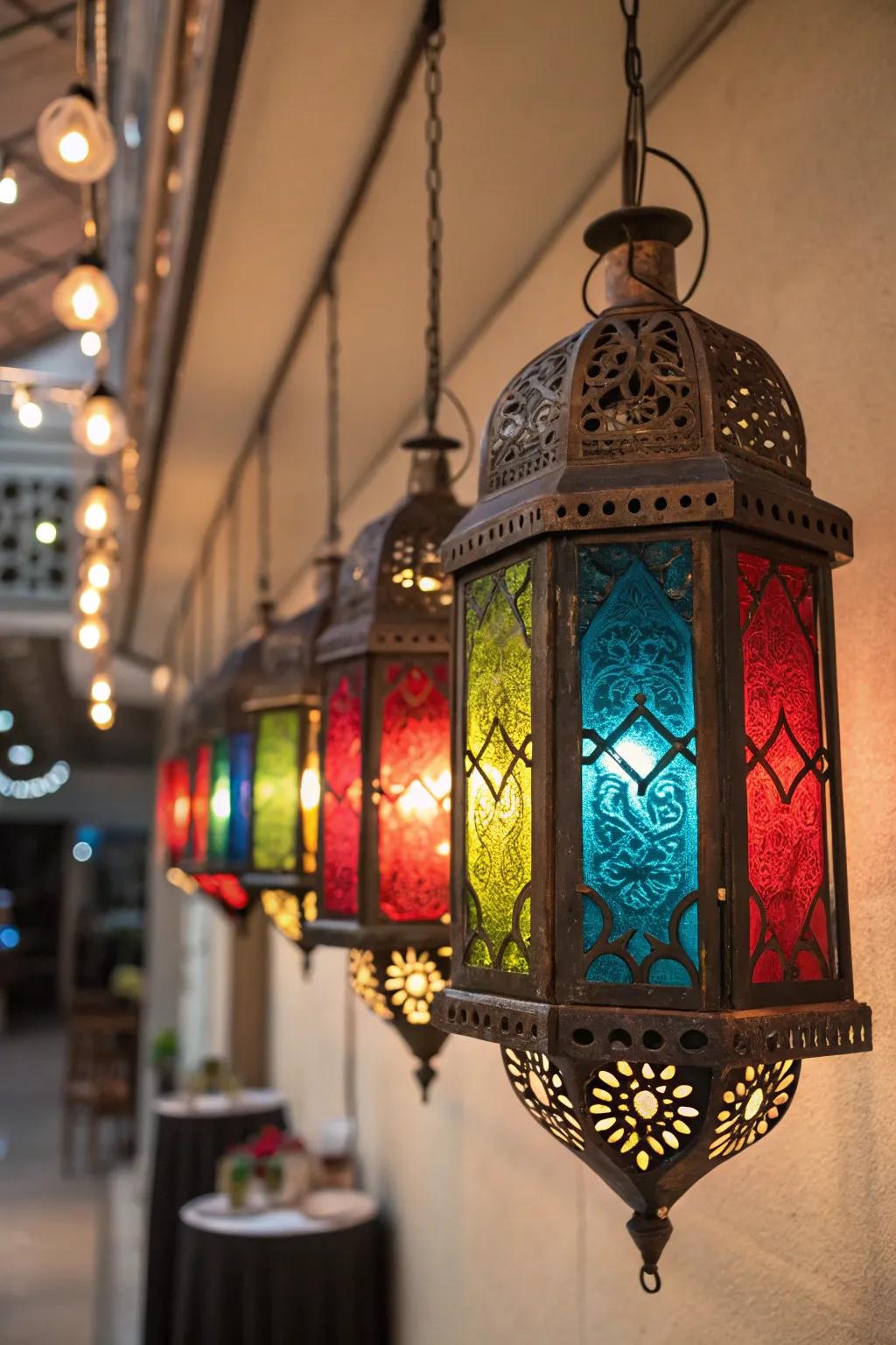 Vividly colored glass exotic lanterns project radiant hues.