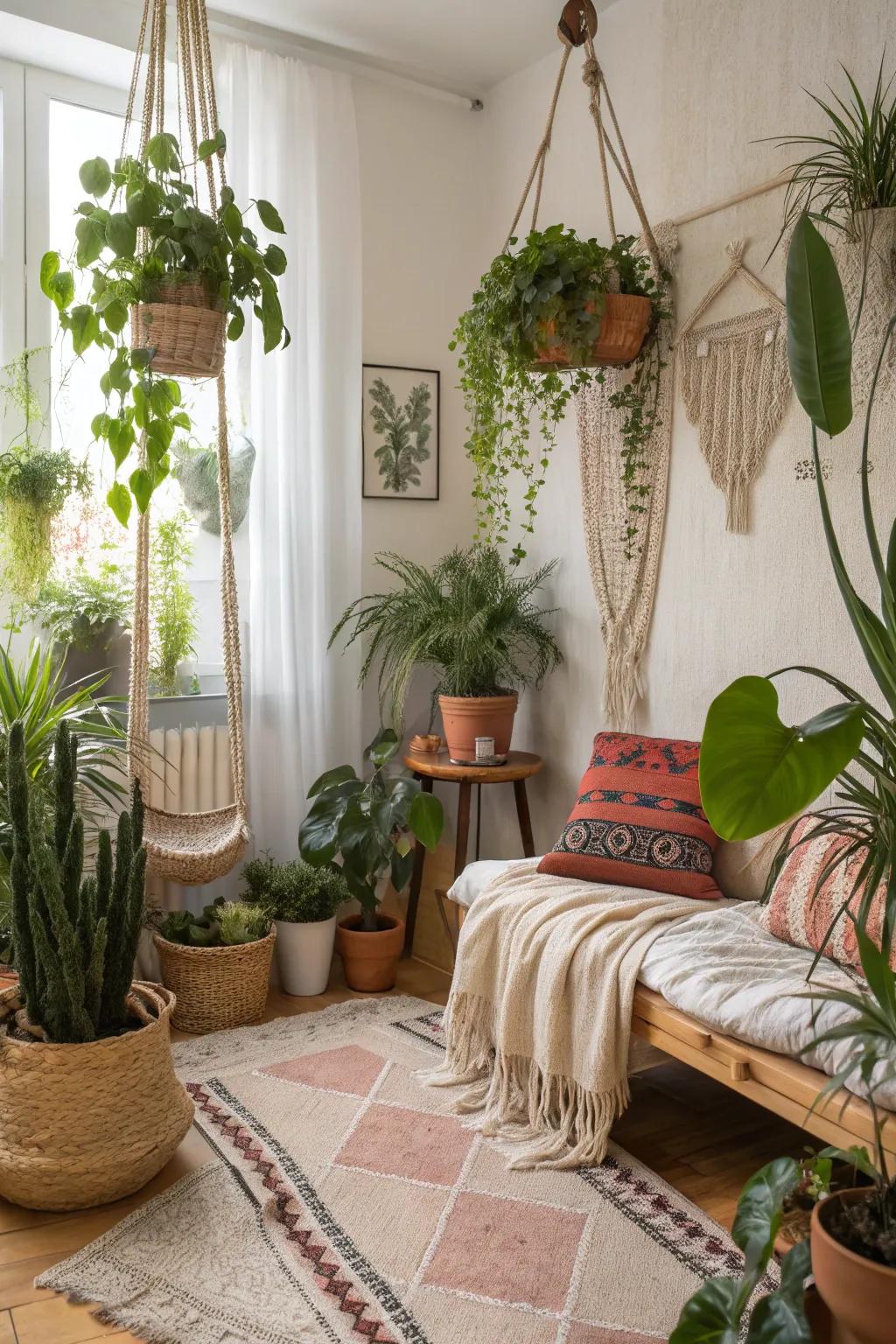 Interior flora breathe existence and freshness into a bohemian space.