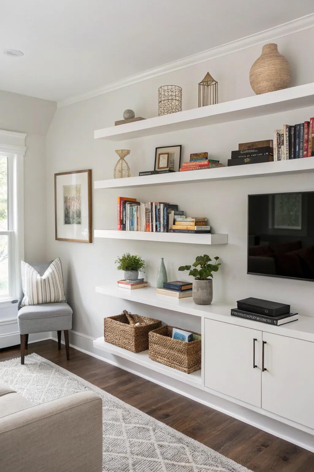 Floating shelves add a sleek, modern touch to any room.