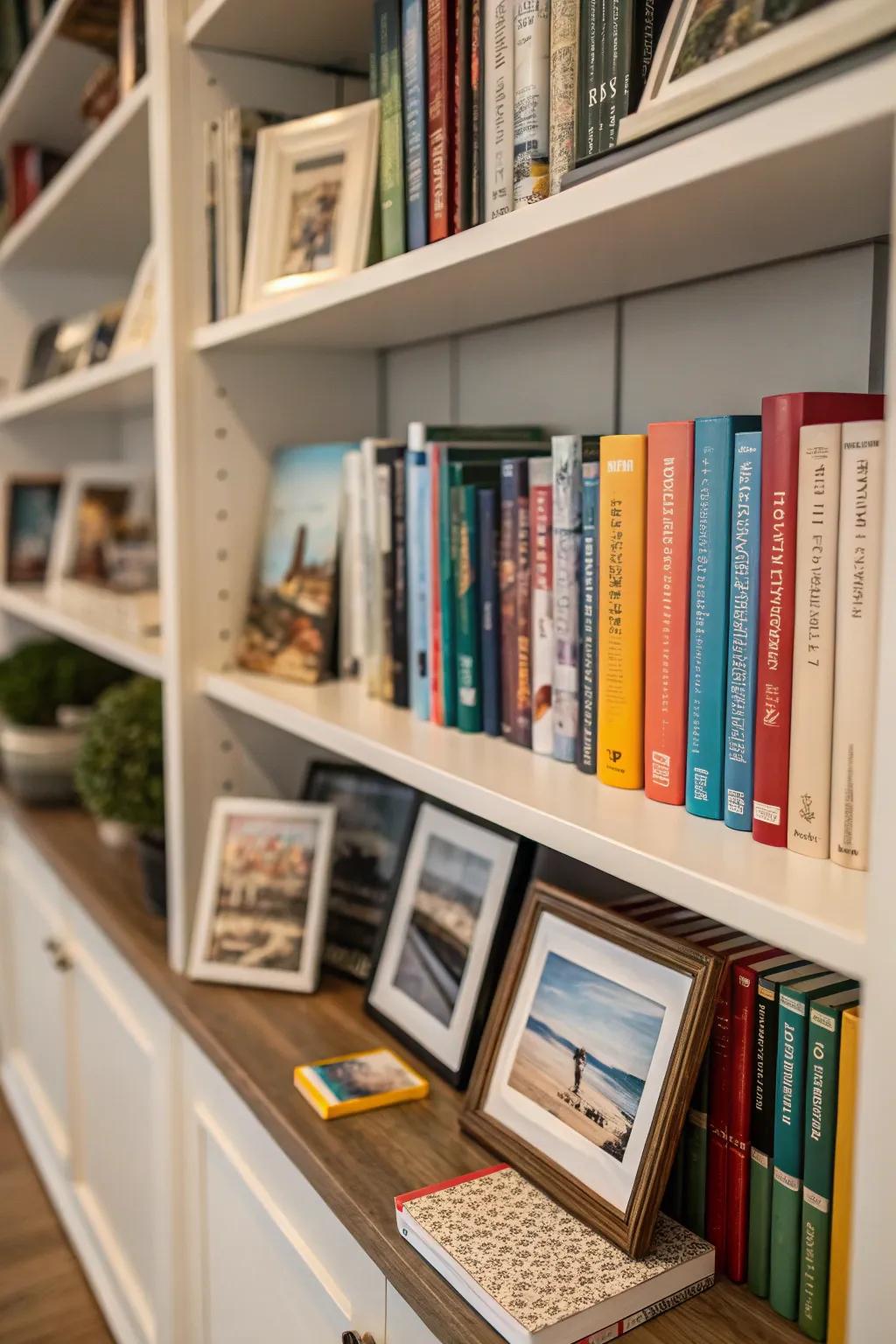 An individualized bookshelf showcasing treasured mementos and books.