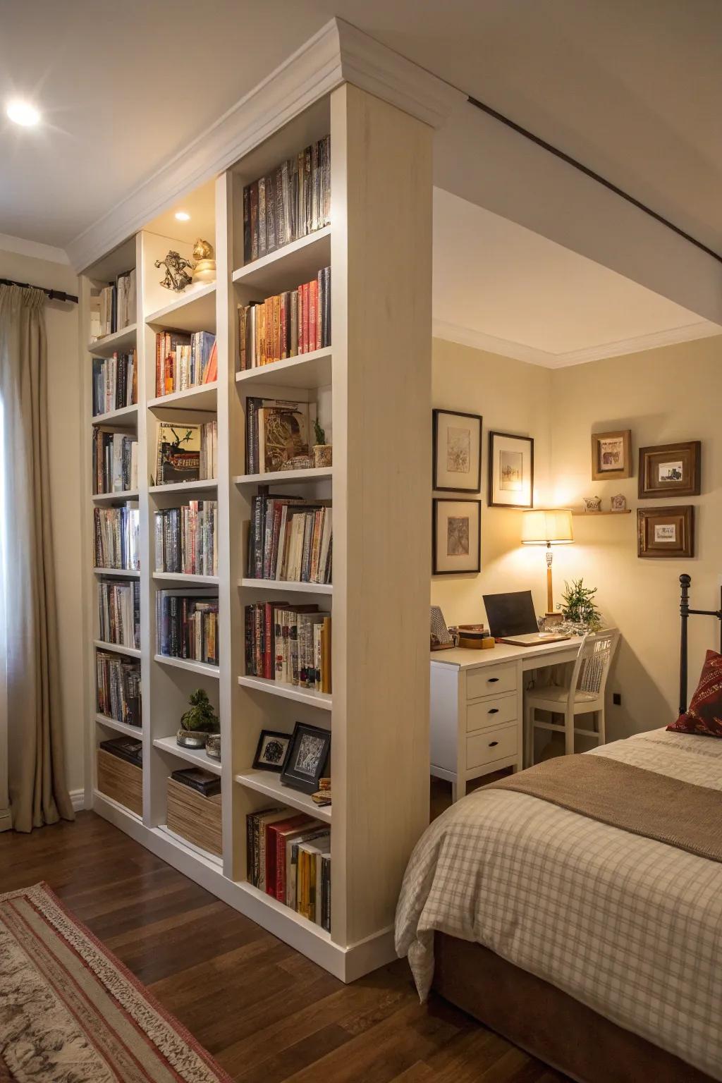 A versatile bookcase that introduces both privacy and flair.