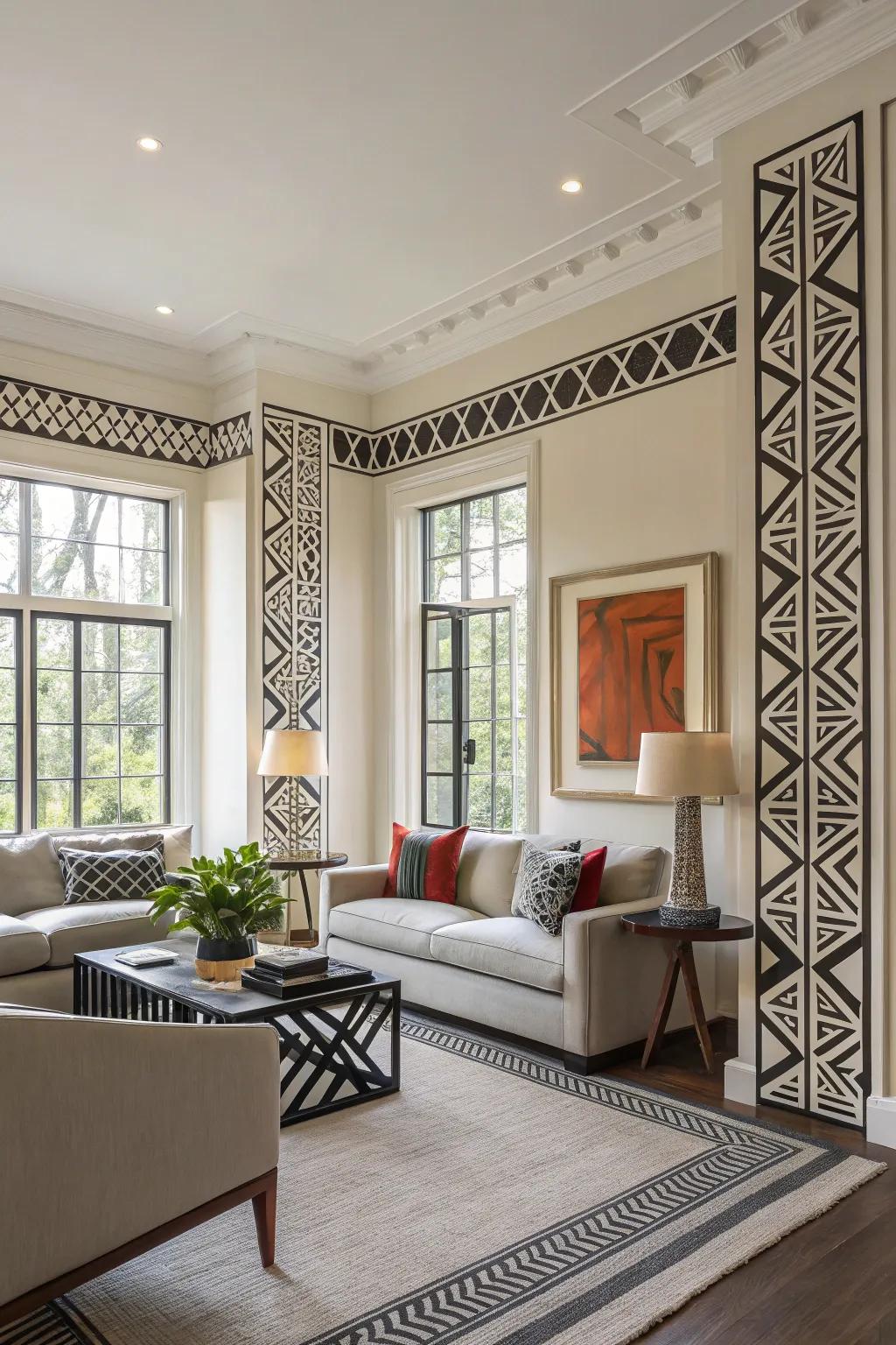 Bold geometric patterns introduce symmetry and visual interest.