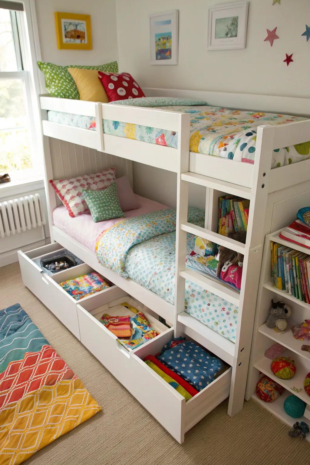 Under-bed compartments keep the shared space tidy.