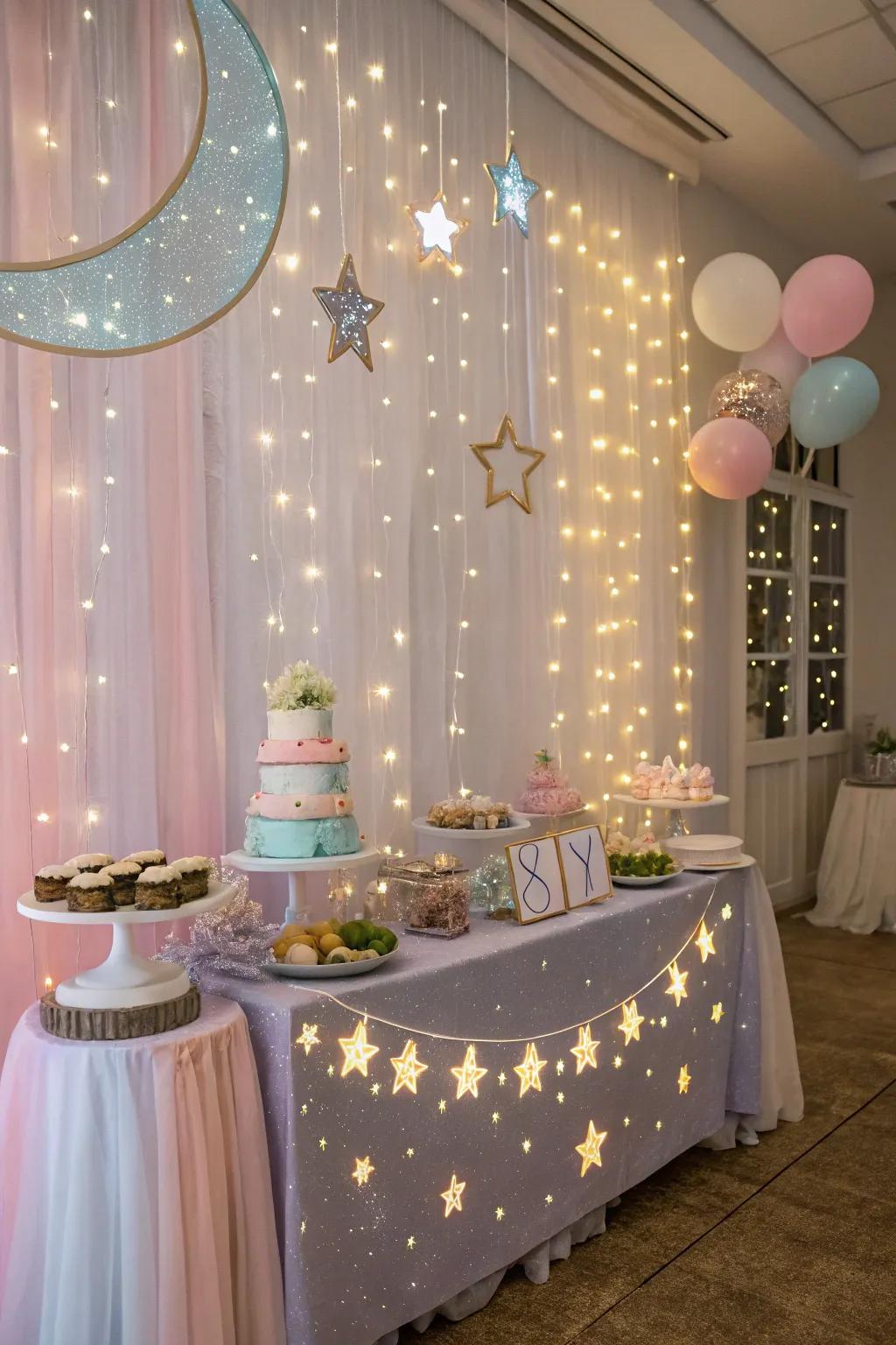 A star-themed baby shower featuring heavenly touches and soft lighting