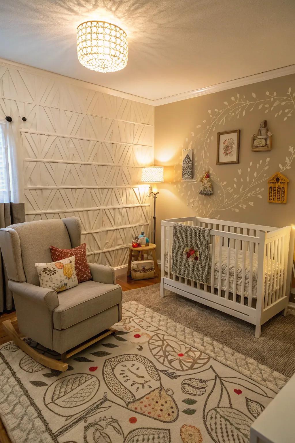 Textural walls enhance the dimension and interest in the nursery.