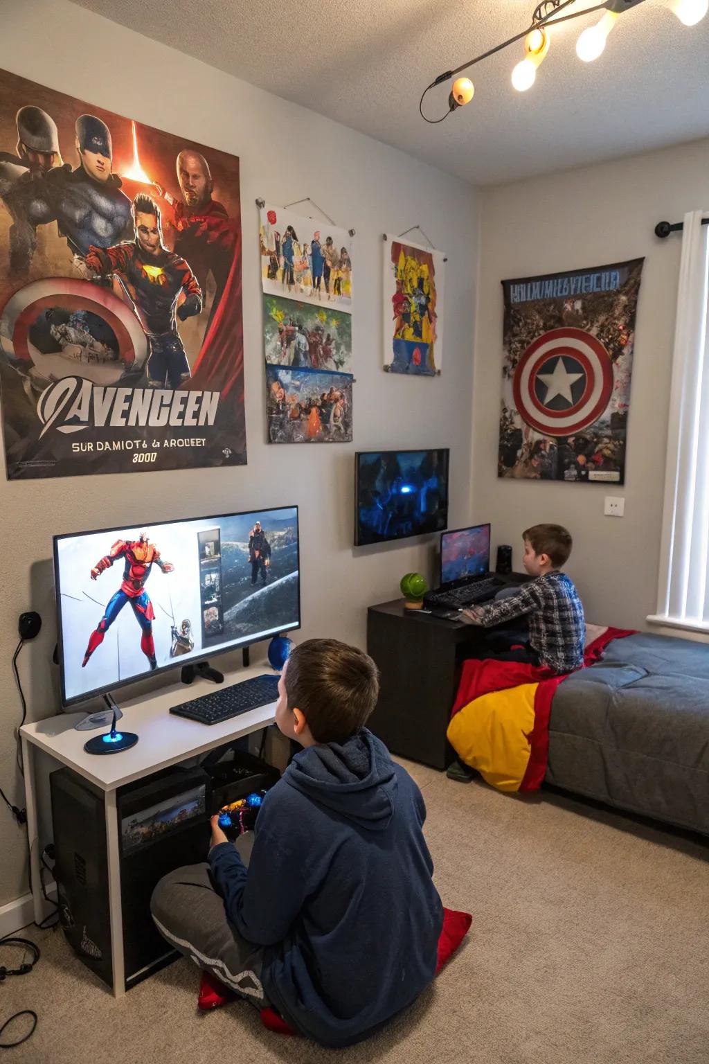 Hero-themed wall art injects dynamic energy and personalized flair into the gaming room.