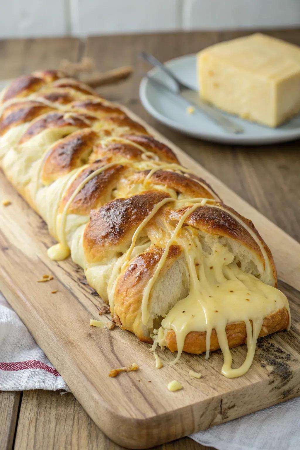 A braided cheese loaf, a feast for the eyes and the palate.
