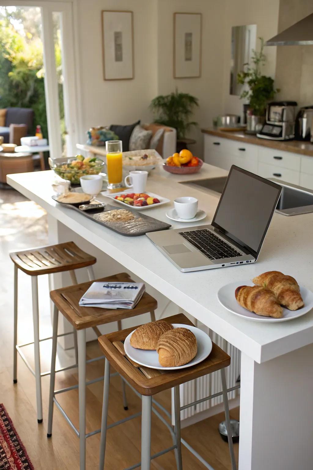 A multipurpose breakfast bar designed for both dining and working.
